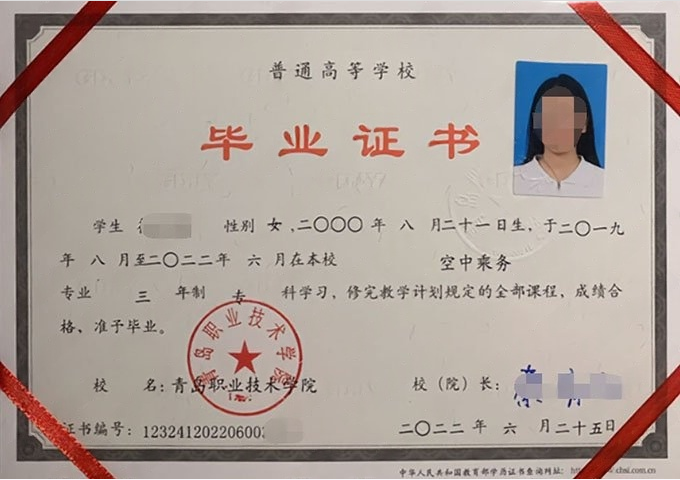 鹤城青岛职业技术学院毕业证样本图片